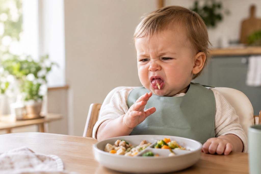 Bébé dans une chaise haute, grimace face à un plat avec des morceaux